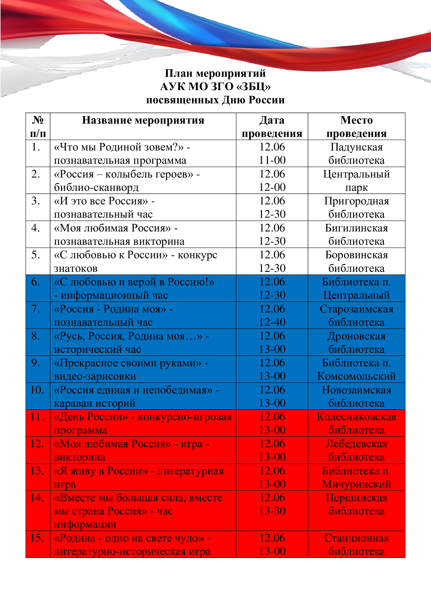 План мероприятий 12 июня